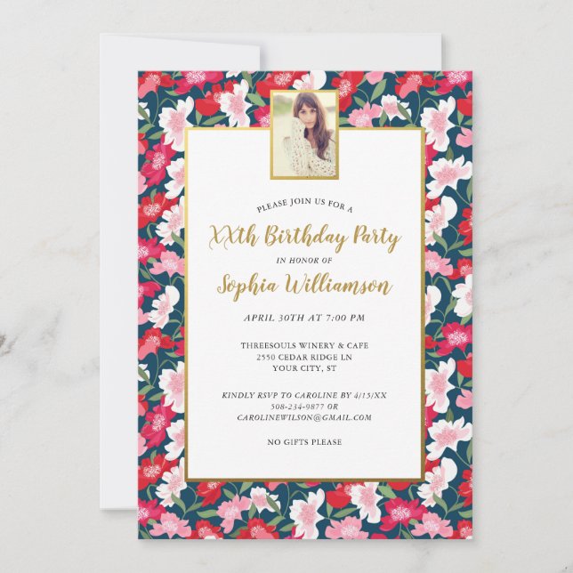 Colorful Flowers, Any Age Add Photo Birthday Party Invitation (Front)