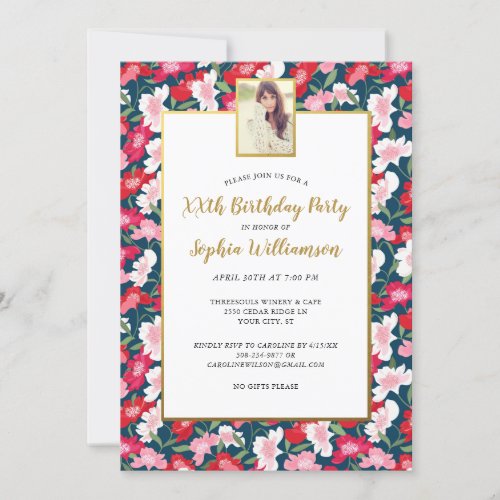 Colorful Flowers Any Age Add Photo Birthday Party Invitation