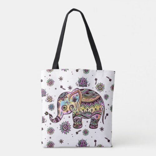 Colorful Flowers Baby Elephant Illustration Tote Bag