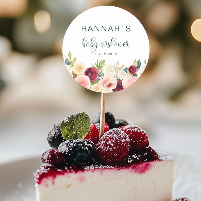 Colorful Flowers Baby Shower Classic Round Sticker (Colorful Flowers, Baby Shower Classic Round Sticker with your name and date.)