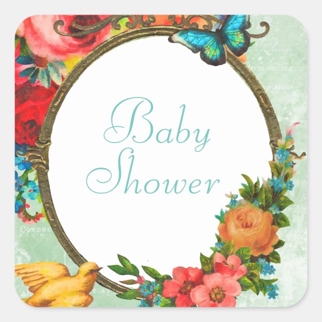 Colorful Flowers Baby Shower Square Stickers (Front)