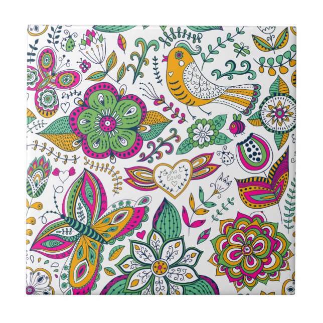 Colorful flowers birds and butterflies pattern ceramic tile (Front)