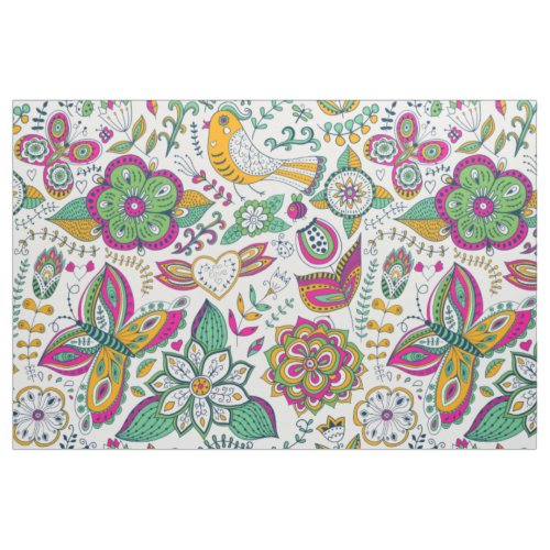 Colorful flowers birds  butterflies pattern fabric