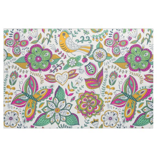 Colorful flowers birds & butterflies pattern fabric