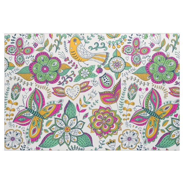 Colorful flowers birds & butterflies pattern fabric (Fat Quarter)