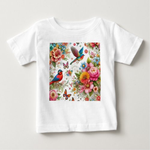 Colorful Flowers Birds Butterflies Template Baby T_Shirt