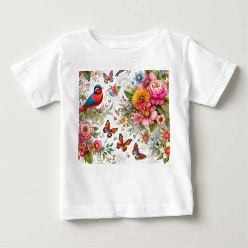 Colorful Flowers Birds Butterfly Template Modern Baby T_Shirt