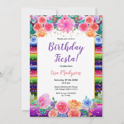 Colorful Flowers Birthday Fiesta Party  Invitation