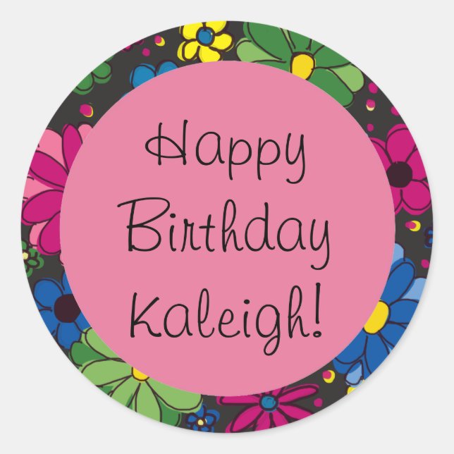Colorful Flowers Black and Pink Birthday Sticker (Front)