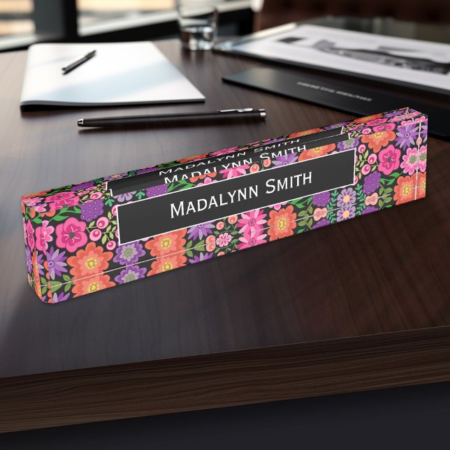 Colorful Flowers Black Background and Name Plate (Personalized Name Plate - Executive and Professional Designs)