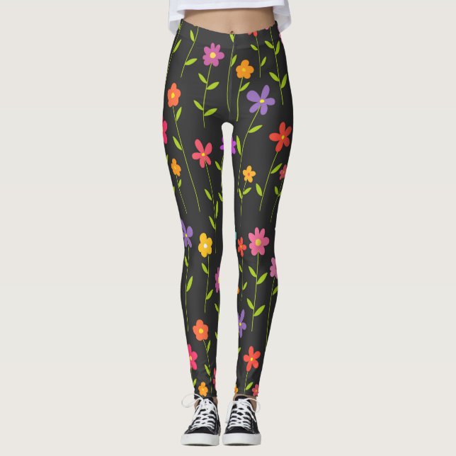 Colorful flowers black leggings (Front)