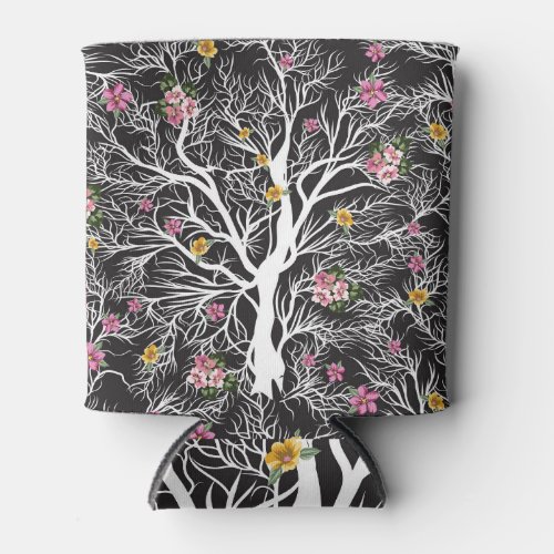Colorful Flowers Black Tree Seamless Can Cooler