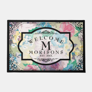 Colorful Flowers & Black Vintage Floral Frame Doormat