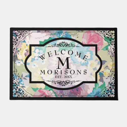 Colorful Flowers  Black Vintage Floral Frame Doormat