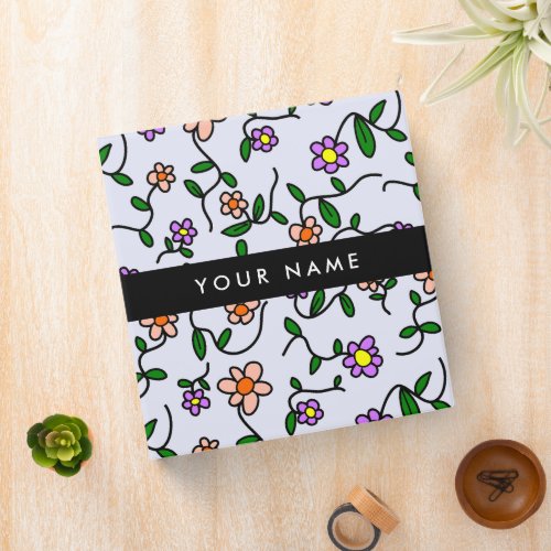 Colorful Flowers Blue Background Black 3 Ring Binder