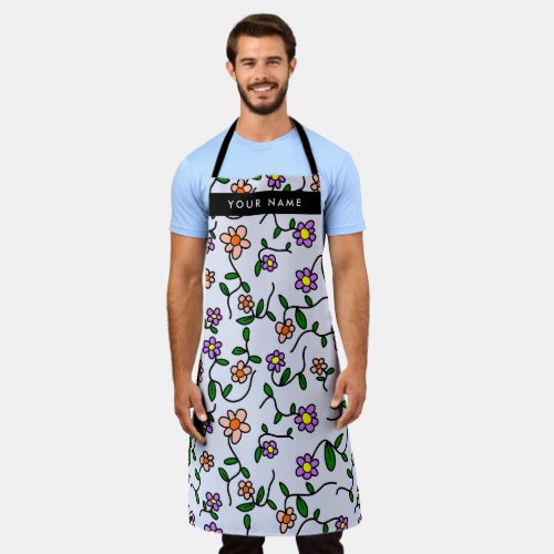 Colorful Flowers Blue Background Black Apron