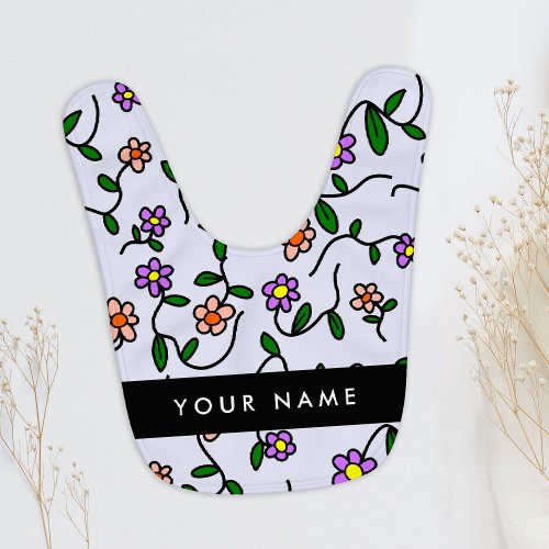 Colorful Flowers Blue Background Black Baby Bib