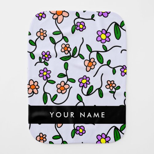 Colorful Flowers Blue Background Black Baby Burp Cloth