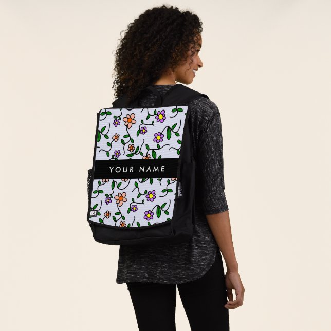 Colorful Flowers, Blue Background, Black Backpack (Worn)