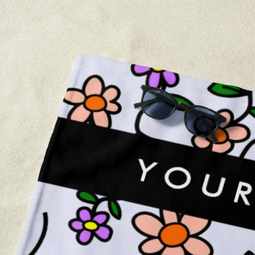 Colorful Flowers Blue Background Black Beach Towel