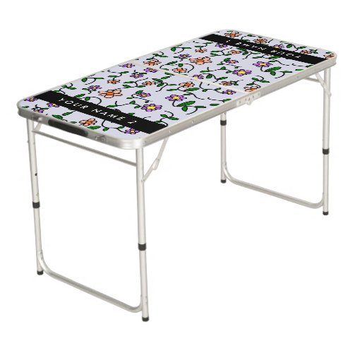 Colorful Flowers Blue Background Black Beer Pong Table