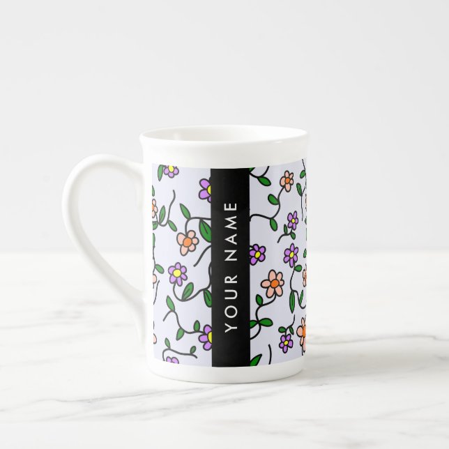 Colorful Flowers, Blue Background, Black Bone China Mug (Left)