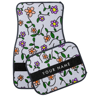 Colorful Flowers, Blue Background, Black Car Floor Mat