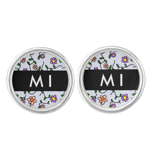 Colorful Flowers Blue Background Black Cufflinks