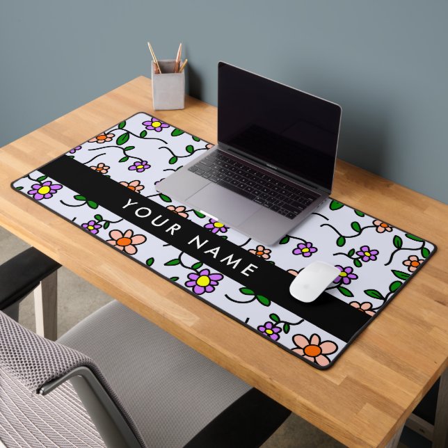 Colorful Flowers, Blue Background, Black Desk Mat (Office 2)