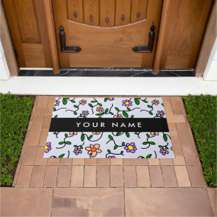 Colorful Flowers, Blue Background, Black Doormat