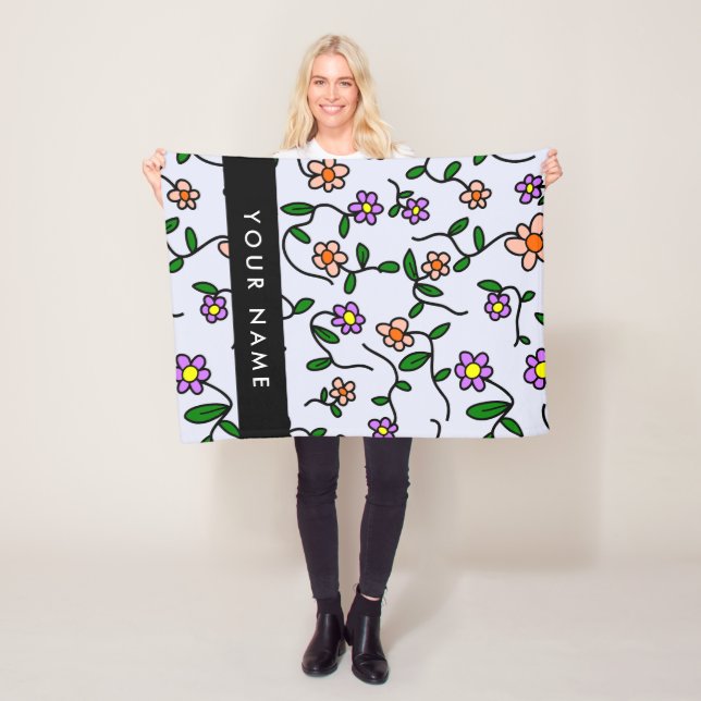 Colorful Flowers, Blue Background, Black Fleece Blanket (In Situ)