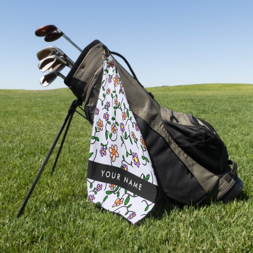 Colorful Flowers Blue Background Black Golf Towel