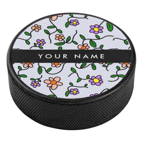 Colorful Flowers Blue Background Black Hockey Puck