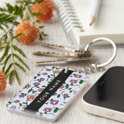 Colorful Flowers Blue Background Black Keychain