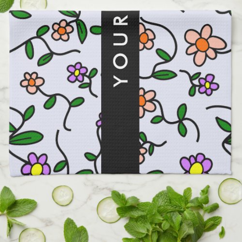 Colorful Flowers Blue Background Black Kitchen Towel