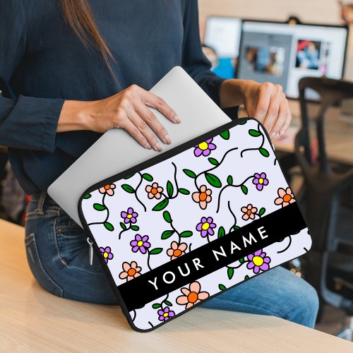 Colorful Flowers Blue Background Black Laptop Sleeve