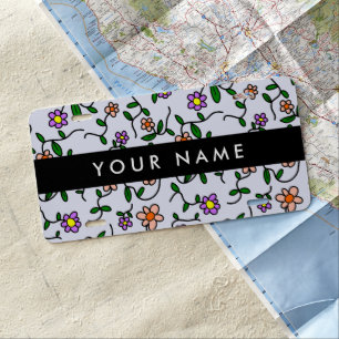 Colorful Flowers, Blue Background, Black License Plate