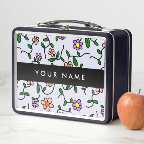 Colorful Flowers Blue Background Black Metal Lunch Box