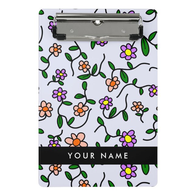 Colorful Flowers, Blue Background, Black Mini Clipboard (Front)
