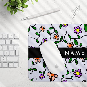 Colorful Flowers, Blue Background, Black Mouse Pad