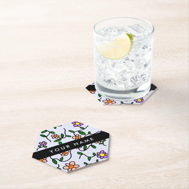 Colorful Flowers, Blue Background, Black Paper Coaster (Insitu)