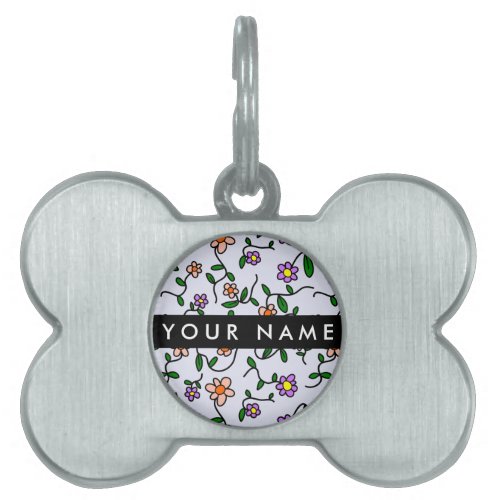 Colorful Flowers Blue Background Black Pet ID Tag