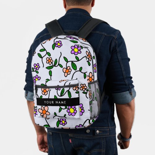 Colorful Flowers Blue Background Black Printed Backpack