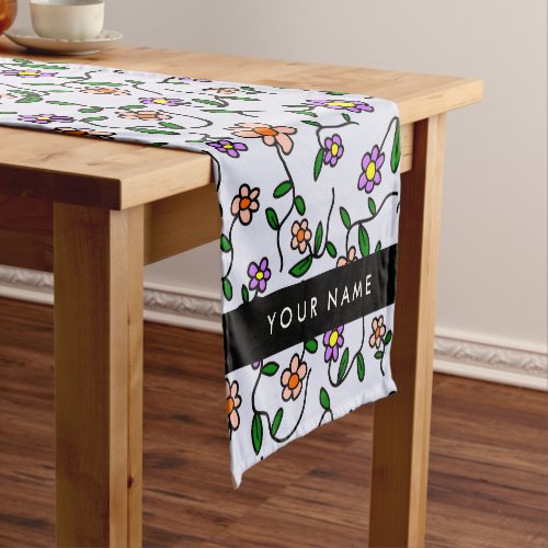 Colorful Flowers Blue Background Black Short Table Runner