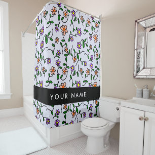 Colorful Flowers, Blue Background, Black Shower Curtain