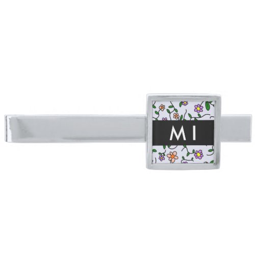 Colorful Flowers Blue Background Black Silver Finish Tie Bar