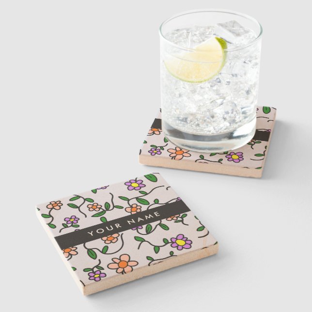Colorful Flowers, Blue Background, Black Stone Coaster (Side)