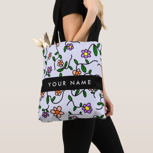 Colorful Flowers Blue Background Black Tote Bag