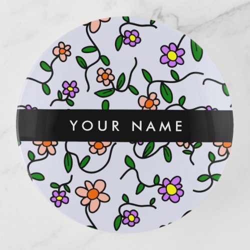 Colorful Flowers Blue Background Black Trinket Tray