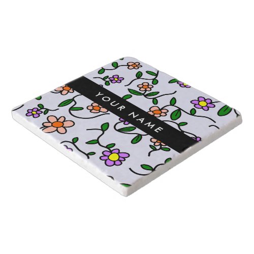 Colorful Flowers Blue Background Black Trivet